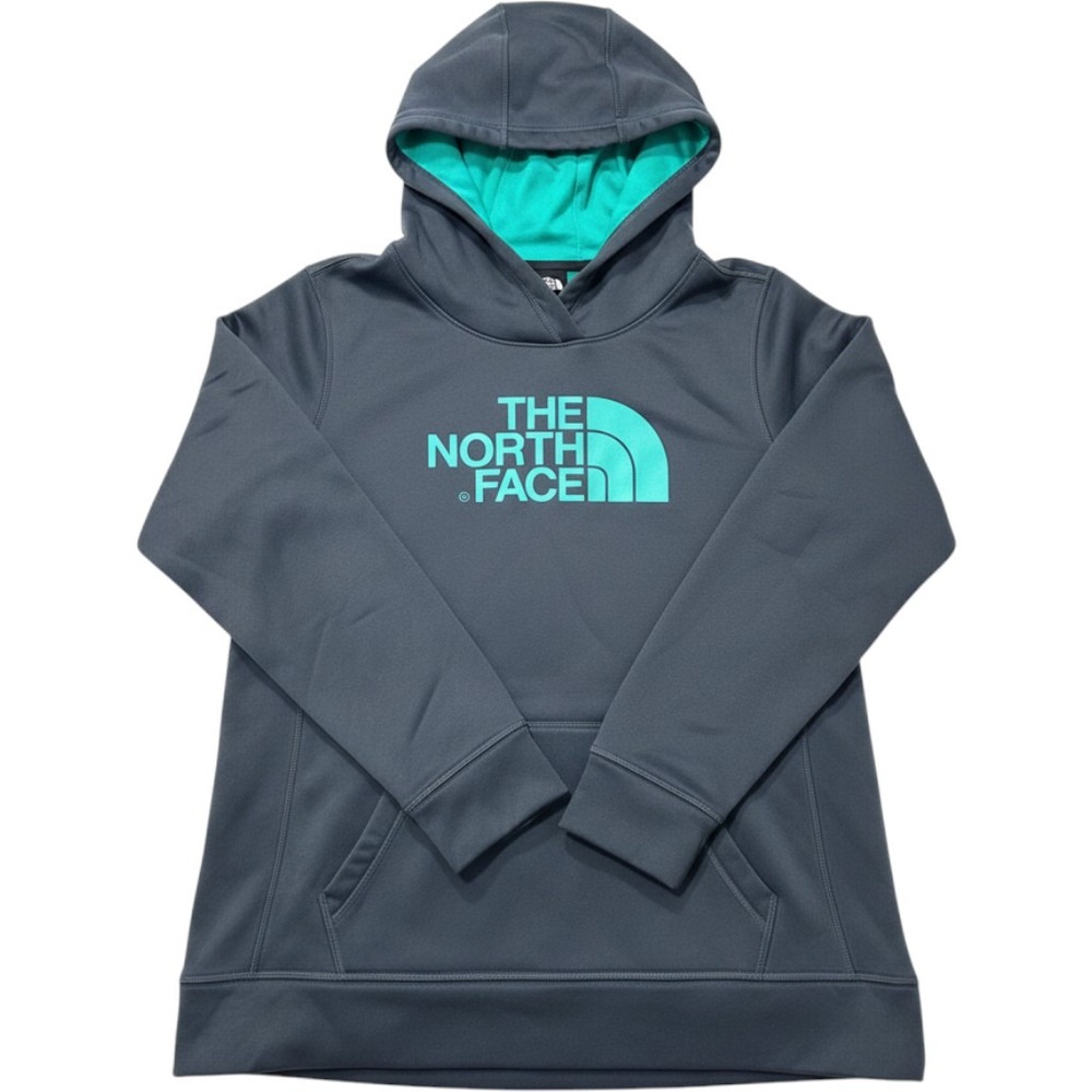 The North Face Womens Large Blue Teal Logo Pullover Fleece Hoodie Sweatshirt